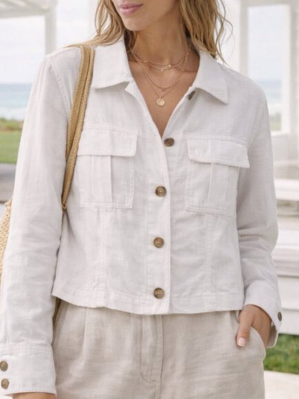 Nicole Miller White Linen Blend Cropped Jacket Button Front Utility Shirt M